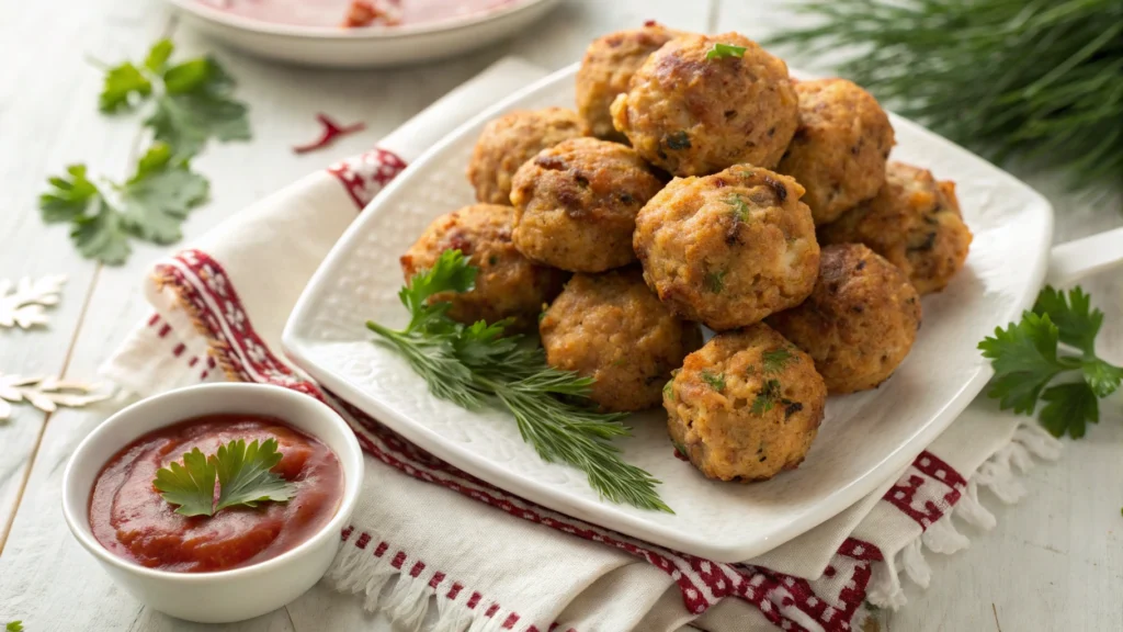 Golden Rotel cream cheese sausage balls on a white plate with dipping sauce and parsley garnish.