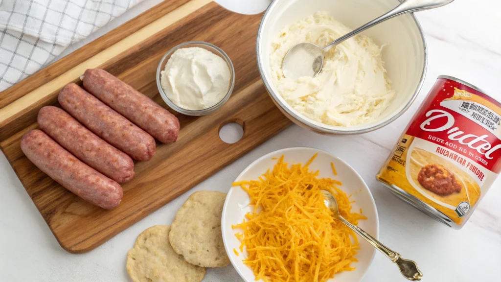 Raw sausage, cream cheese, shredded cheddar, Bisquick, and a can of Rotel laid out for sausage ball preparation.