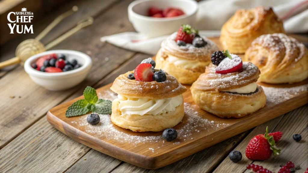 Fresh cream-filled pastries topped with berries and dusted with powdered sugar on a wooden serving board.