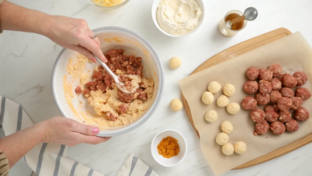 Hands mixing sausage, cream cheese, and Rotel to prepare sausage balls, with batter ready to shape and bake.