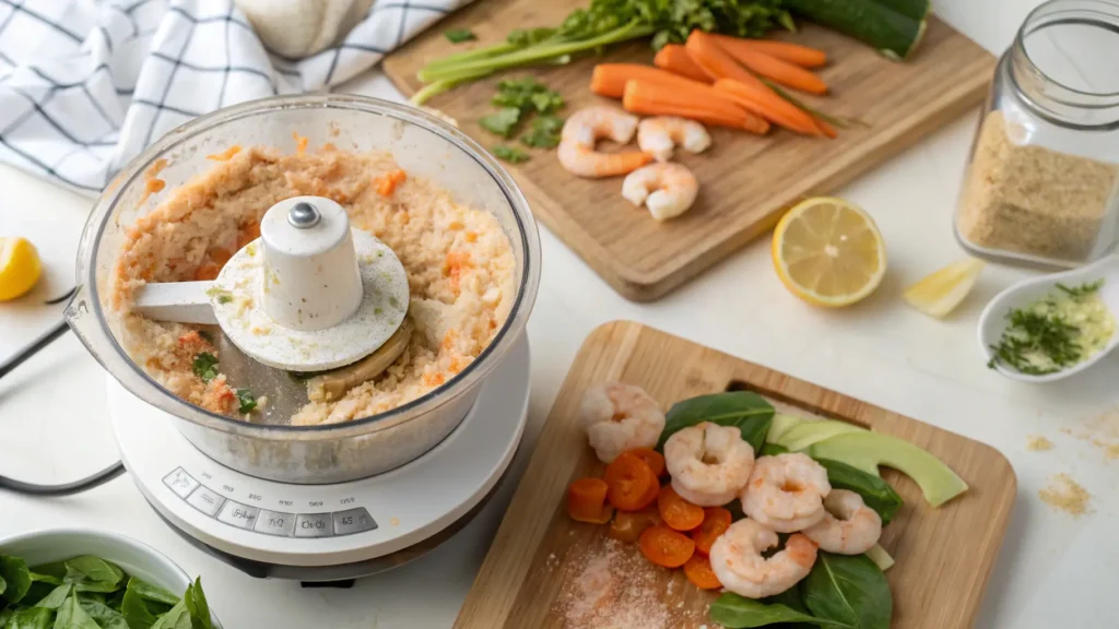 Homemade fish food mixture being prepared in a blender, spread onto a tray with fresh ingredients in the background.