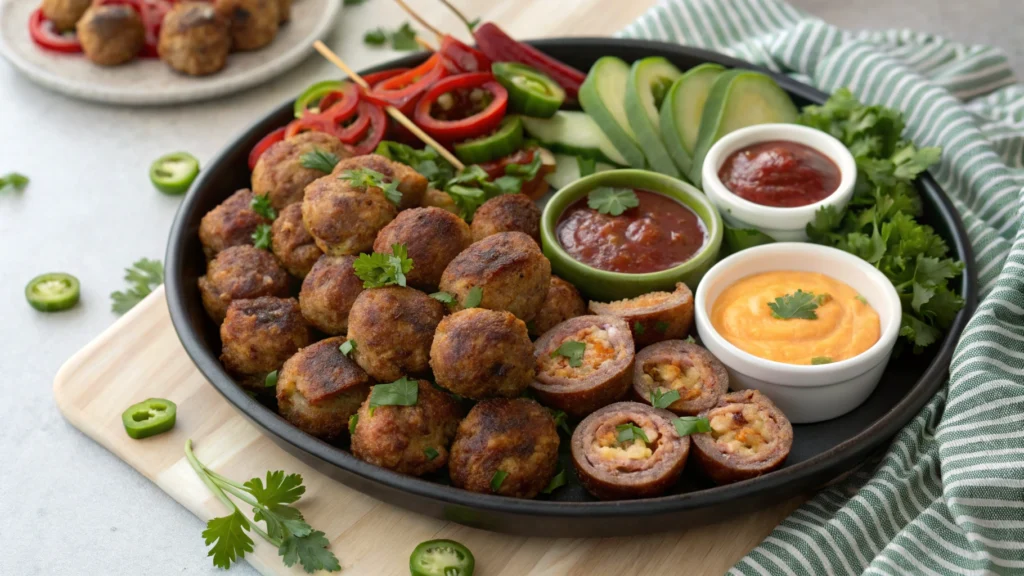 A platter showcasing three types of Rotel cream cheese sausage balls – classic, spicy, and bacon-wrapped – served with dipping sauces.