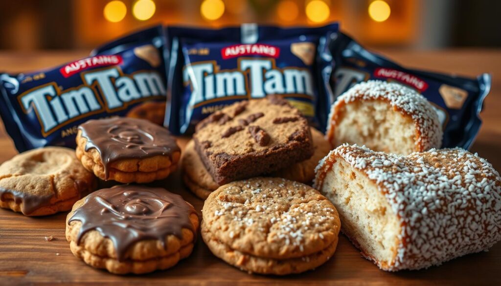 Australian biscuit brands featuring Tim Tams, ANZAC biscuits, and Lamingtons