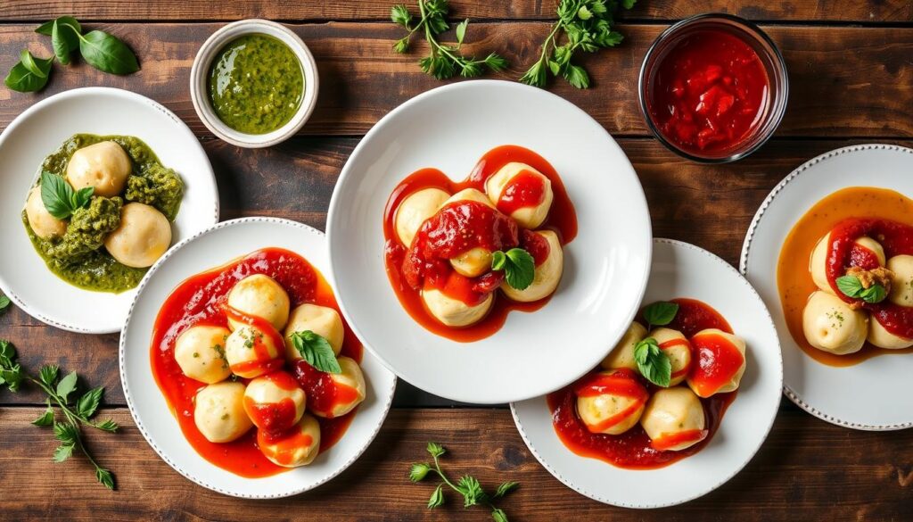 Complementary sauces for outside-in stuffed gnocchi