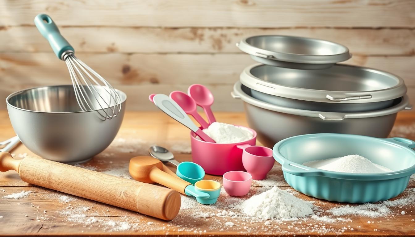 What are the essential tools needed for baking a cake?