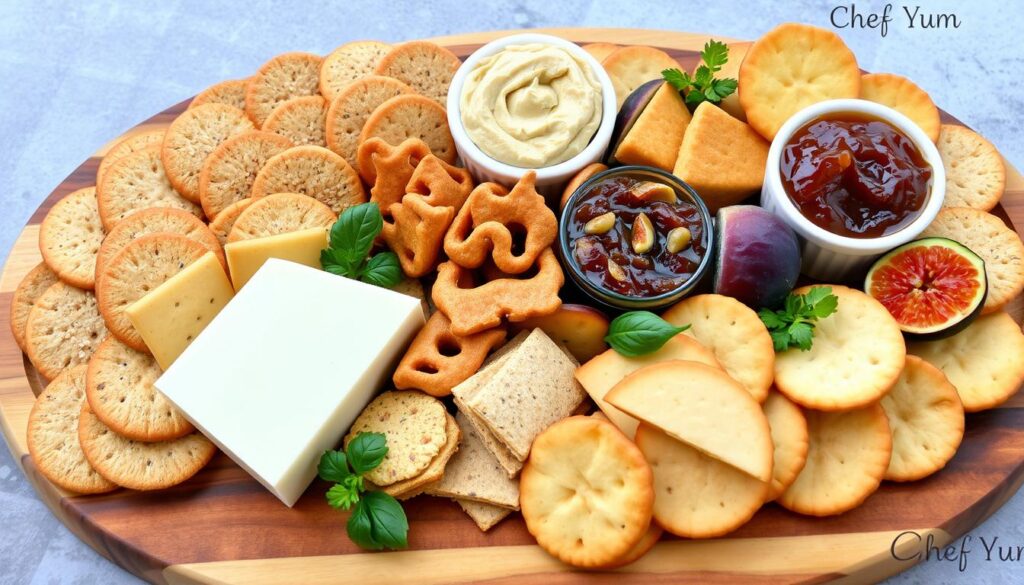 diverse crackers and popular spreads for cheese and cracker tray snack