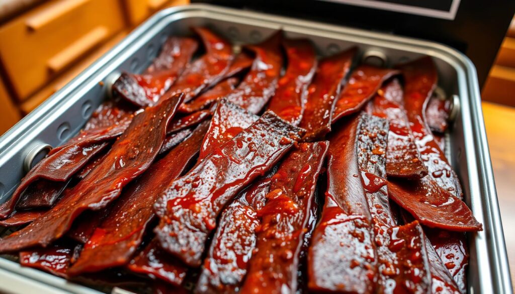 homemade teriyaki beef jerky in dehydrator