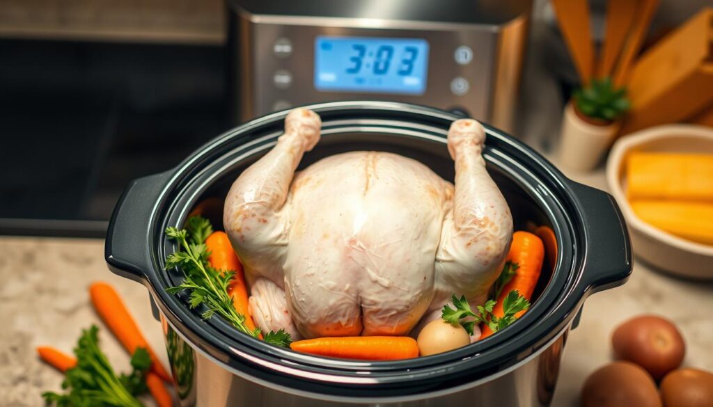 how long to cook frozen whole chicken in crock pot