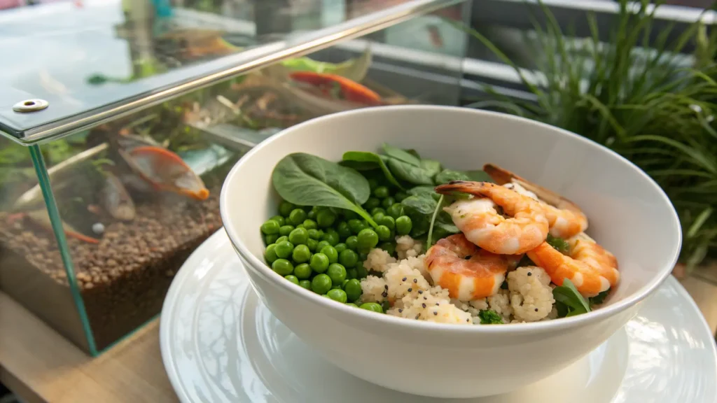 A bowl of fresh homemade fish food made with shrimp, spinach, and peas, placed on a clean plate with a fish tank in the background