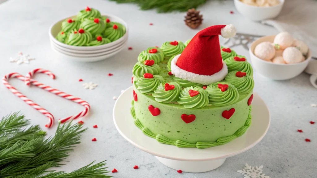 A fully decorated Grinch cake with green frosting and red heart decorations, surrounded by Christmas-themed décor