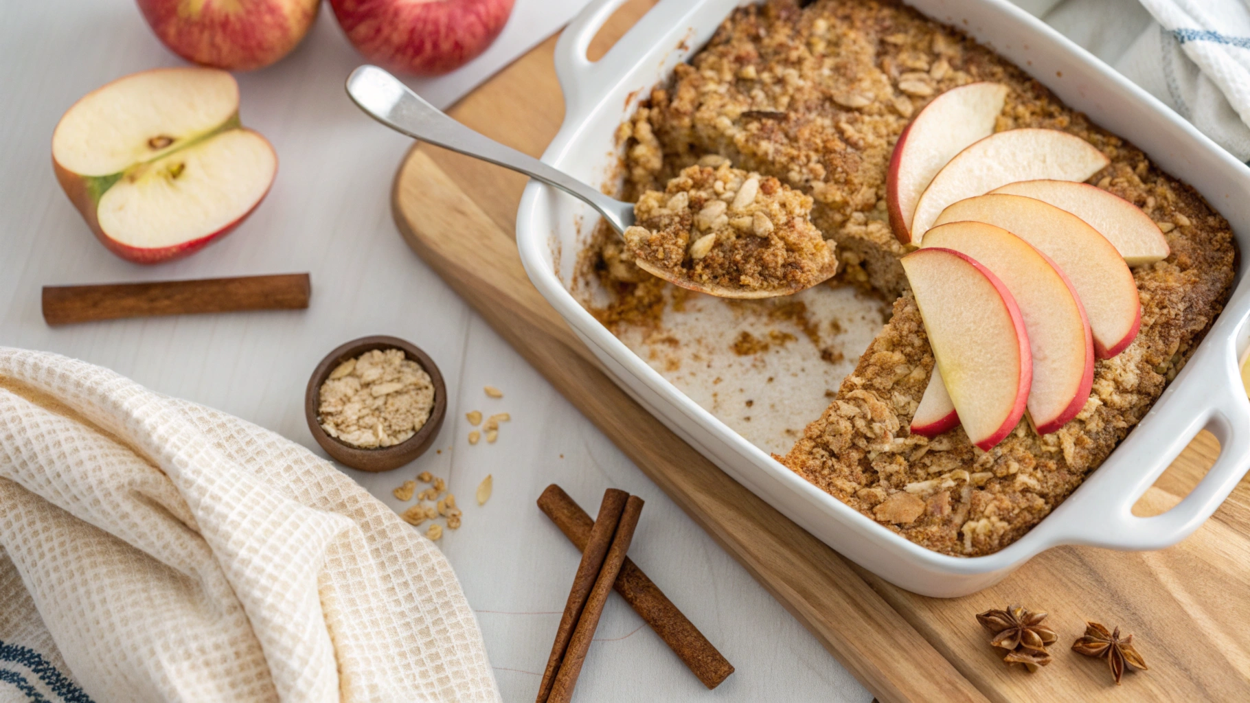 Golden brown apple oatmeal bake fresh from the airfryer, garnished with apple slices and cinnamon.