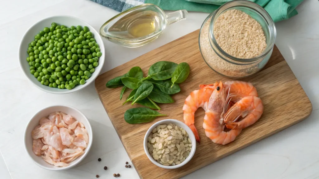 A selection of raw ingredients including shrimp, peas, oats, and spinach, ready to be made into homemade fish food.