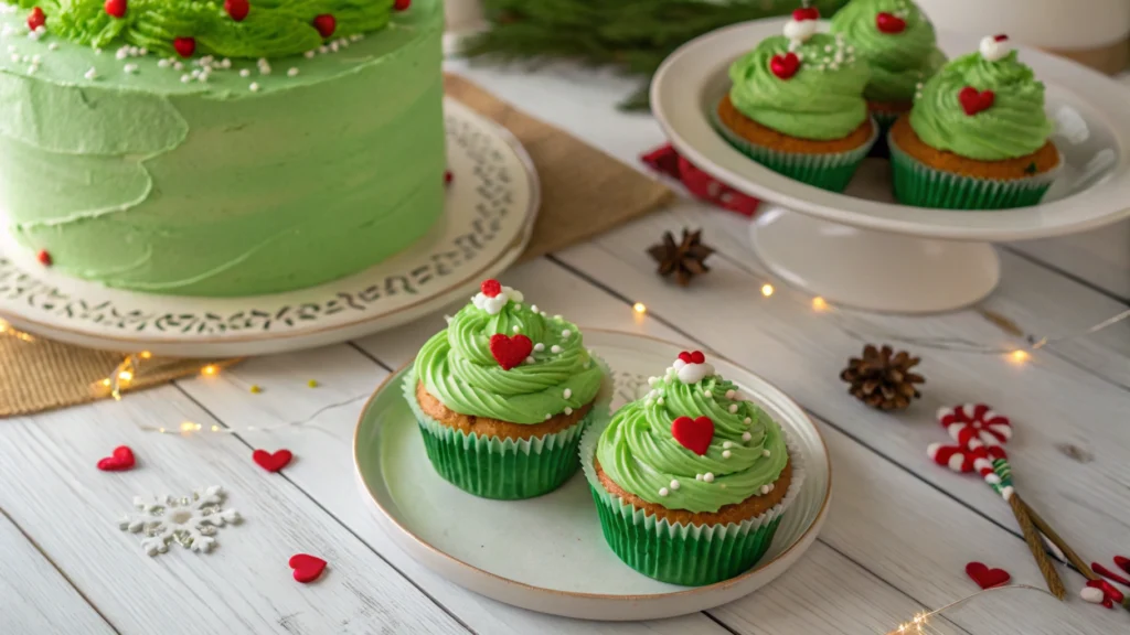 Mini Grinch cupcakes with green frosting and red heart decorations, placed next to a full-sized Grinch cake.