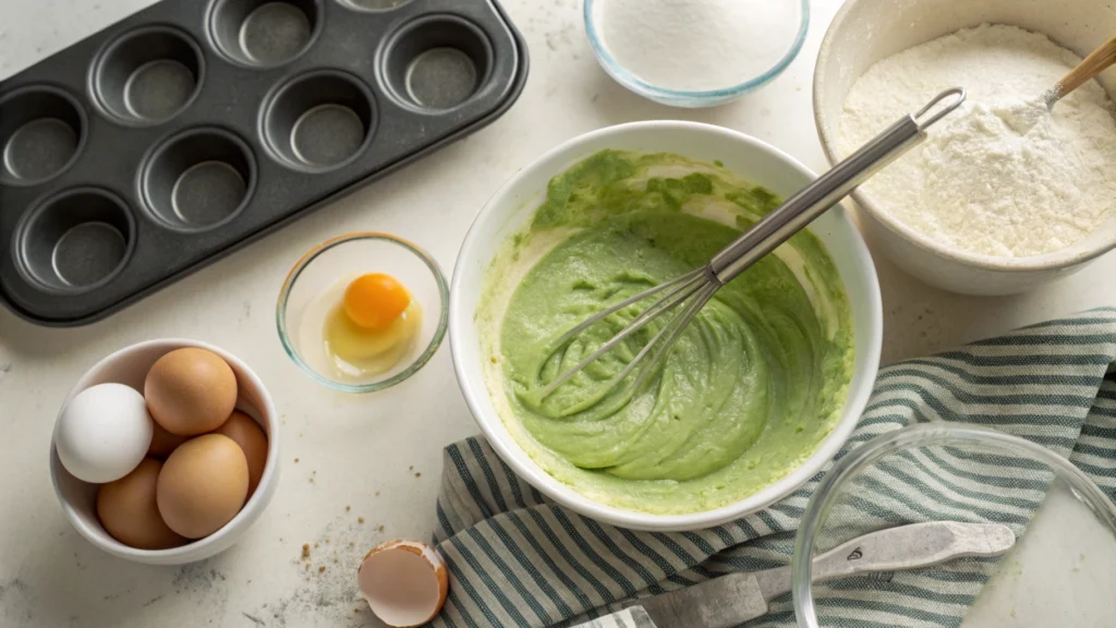 A bowl of cake batter being mixed with green food coloring, surrounded by baking ingredients and tools.