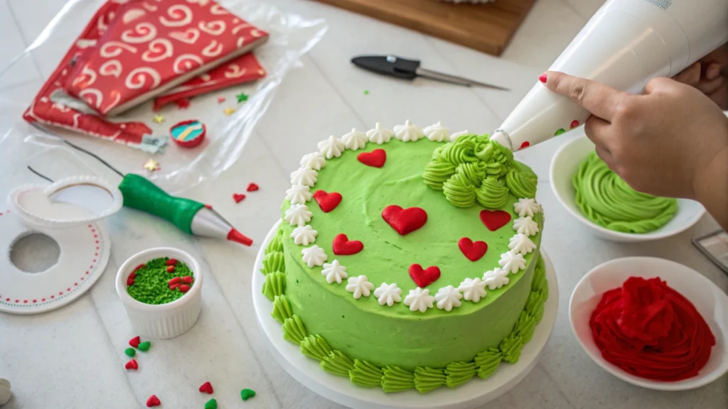 A Grinch cake mid-decoration with green frosting and red heart decorations, surrounded by piping bags and candy.