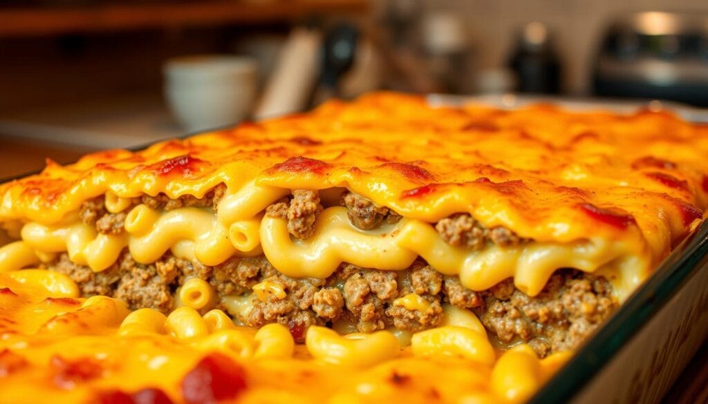 Mac and cheese meatloaf casserole layers