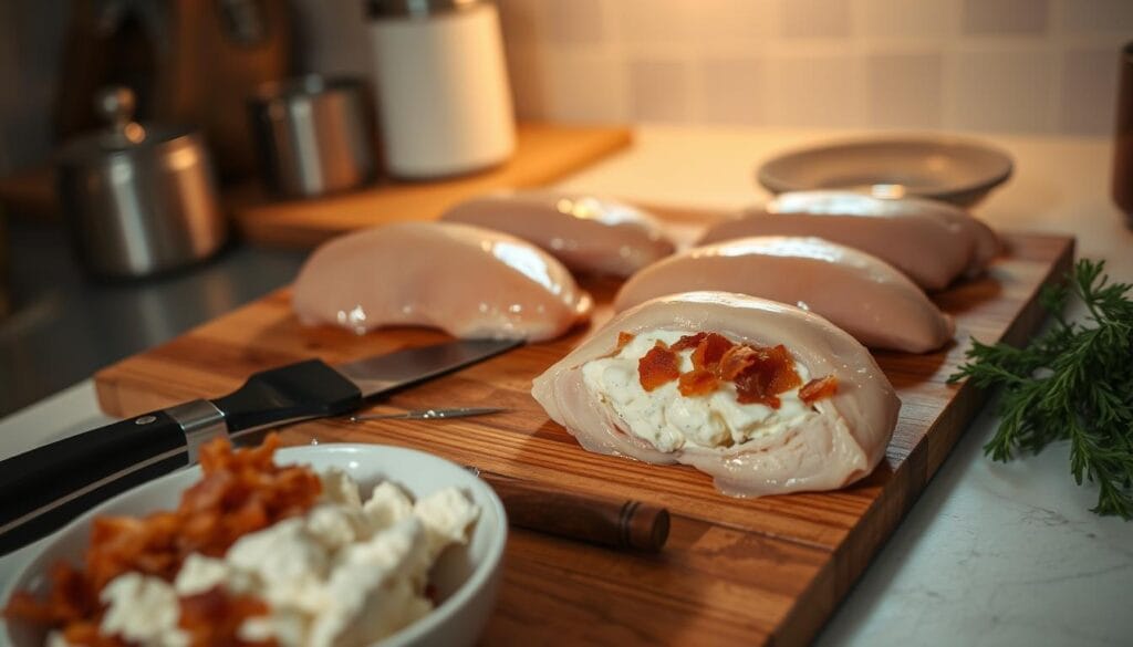 Preparing chicken breasts for stuffing