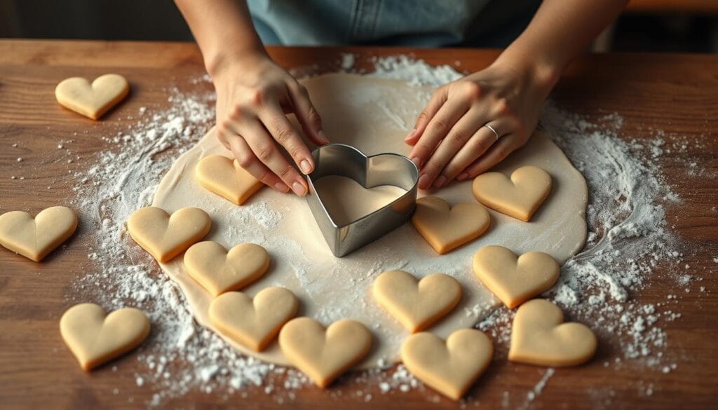 Rolling and cutting heart shaped sugar cookies