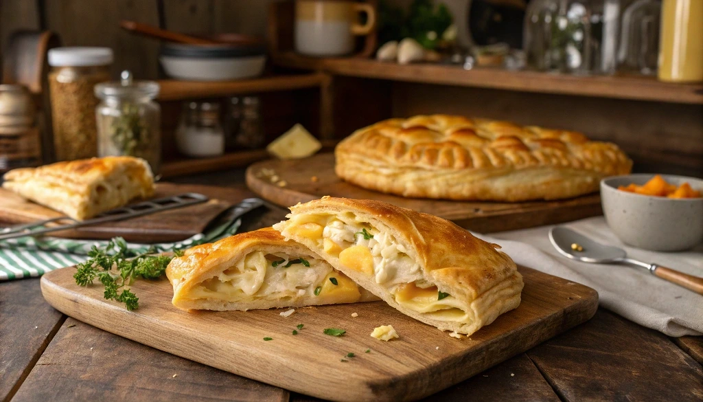 Chicken and cheese jalousie recipe – golden flaky pastry with creamy chicken and cheese filling.