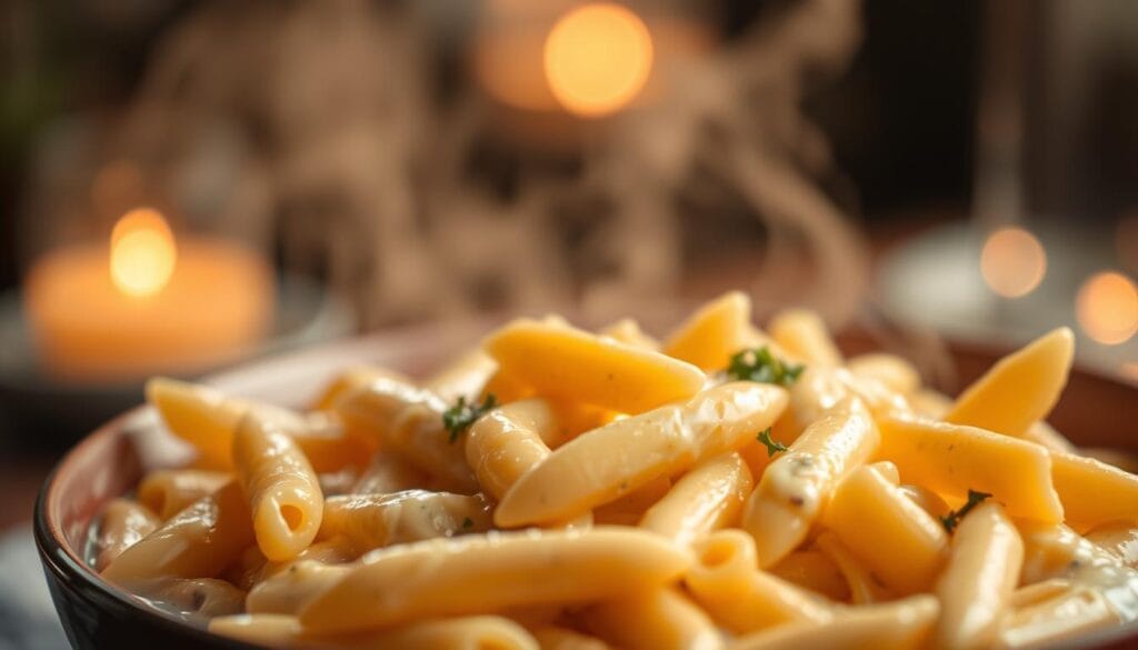 Creamy penne pasta recipe served in a warm, candlelit ambiance, featuring al dente pasta coated in a rich, cheesy sauce and garnished with fresh herbs.