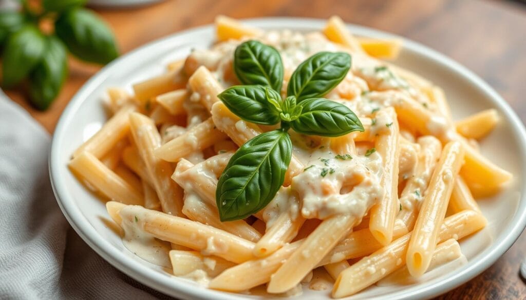 A delicious creamy penne pasta recipe featuring al dente pasta coated in a rich, cheesy sauce, garnished with fresh basil for a perfect Italian-inspired meal.