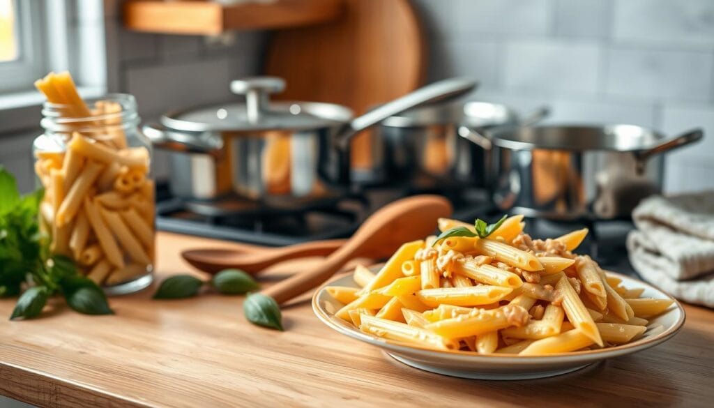 Creamy penne pasta recipe served on a wooden kitchen countertop, featuring freshly cooked pasta in a creamy sauce with basil garnish, ready to enjoy.