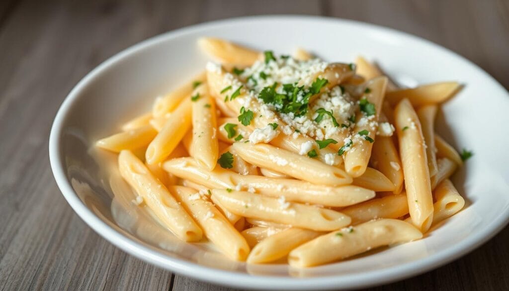 Creamy penne pasta recipe served in a white bowl, featuring penne coated in a creamy sauce, garnished with crumbled feta cheese and fresh parsley for added flavor.