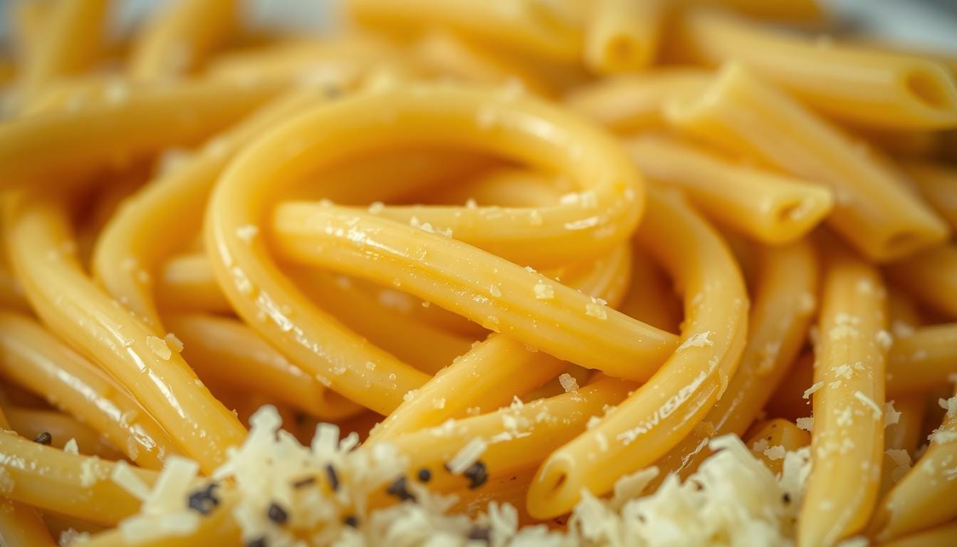 Creamy penne pasta recipe close-up showcasing al dente pasta coated with a rich, cheesy sauce, garnished with freshly grated Parmesan and black pepper.