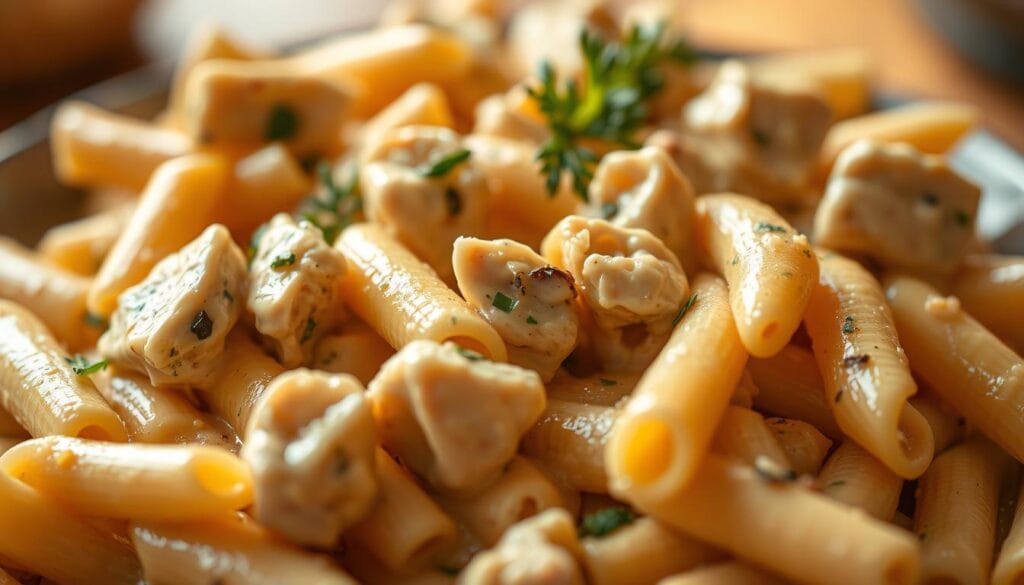 Creamy penne pasta recipe featuring penne pasta with tender, grilled chicken bites, coated in a creamy sauce and garnished with fresh parsley for a delicious meal.