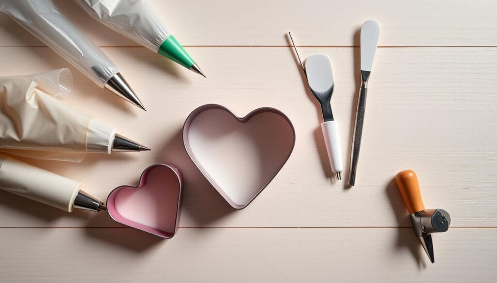 heart shaped cookie cutter and decorating tools