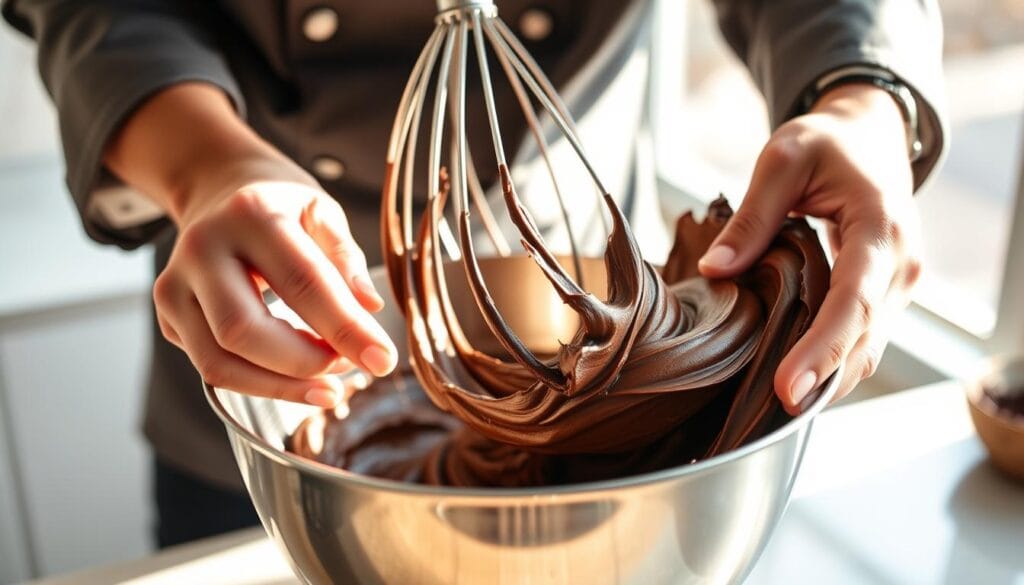 mixing chocolate buttercream frosting